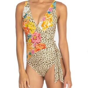 Johnny Was Cream and Leopard Print Swimsuit